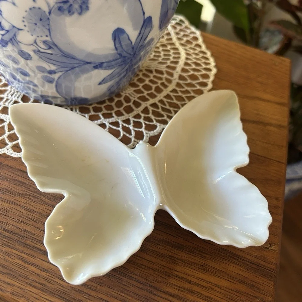 Vintage 1960s Butterfly Trinket Dish Candy Tray White Japan Porcelain Decor